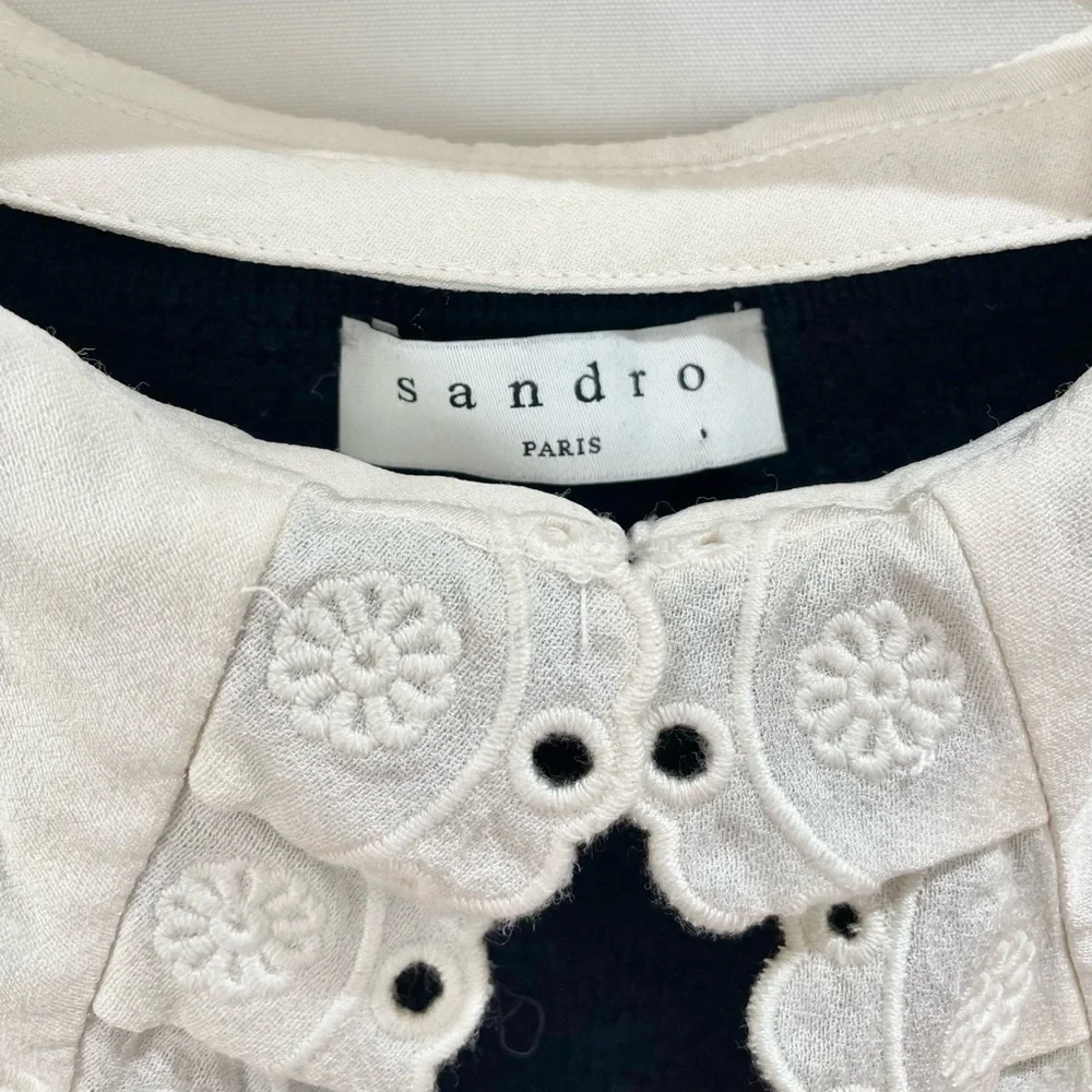 Sandro Sivane Navy Blue 100% Wool Pilgrim Broderie Trim Collar Sweater Size 2(S) - Picture 6 of 10